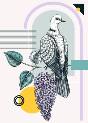 Collage style dove vector illustration. Hand-drawn bird on blooming lilac branches with flowers and leaves. Trendy design with botanical sketches, geometric shapes, and abstract elements for print